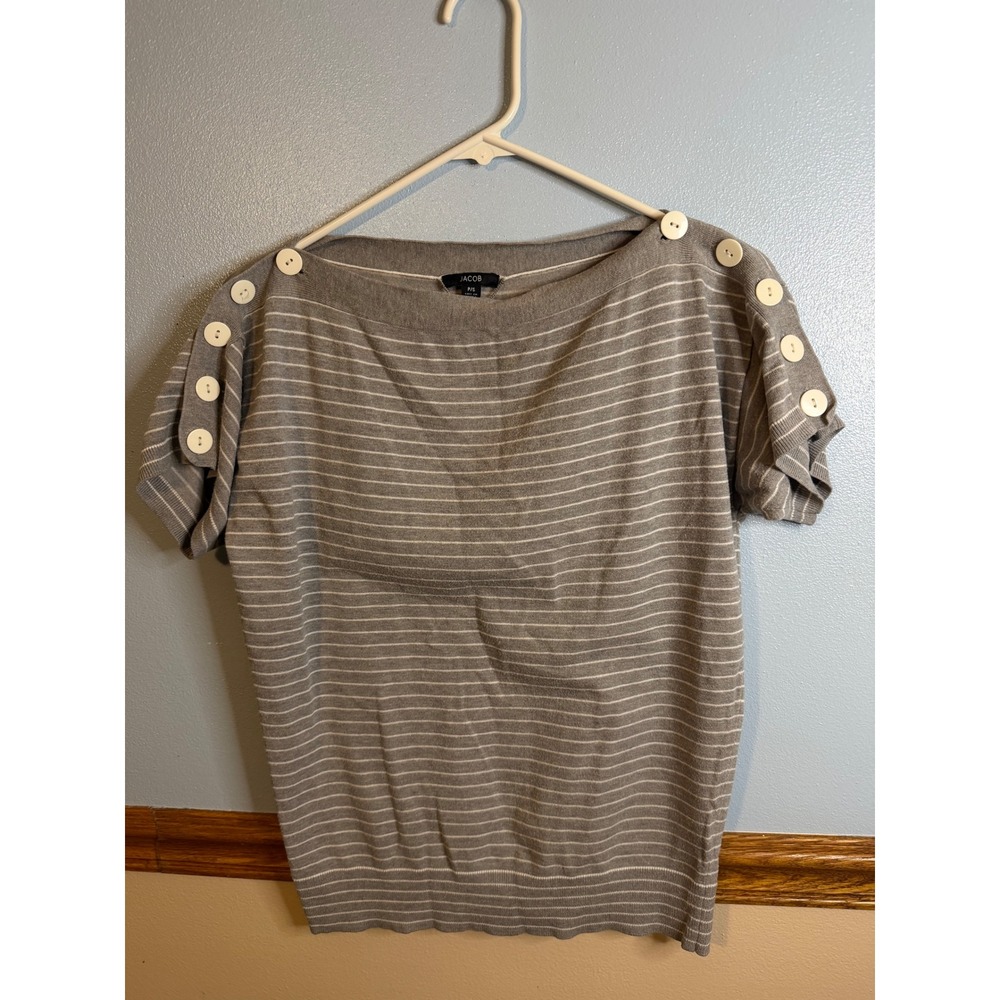 Jacob Grey White Striped Boat Neck Button Shoulder Knit Sweater Top Small